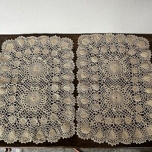 Set of 2 Crochet Cotton Placemats Doilies Cream Beige 13"X17" Vintage Handmade